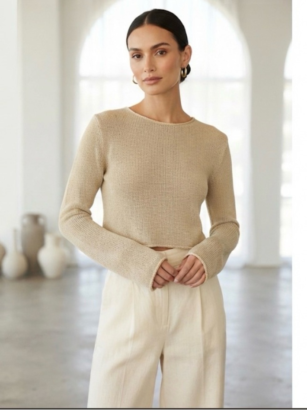 Venroy Beige Cropped Knit Long-Sleeve Top